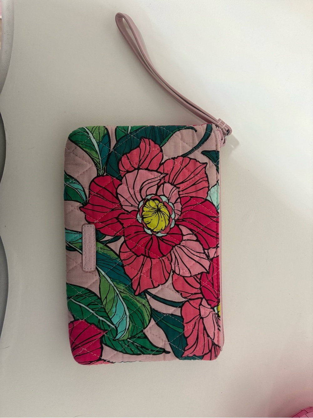 Vera Bradley Pink Floral Quilted Wristlet with Green Leaves and Yellow Centers